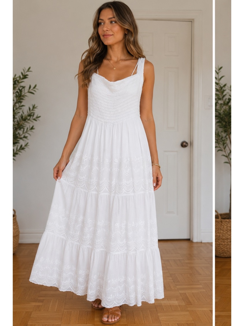White Smocked Eyelet Maxi Dress